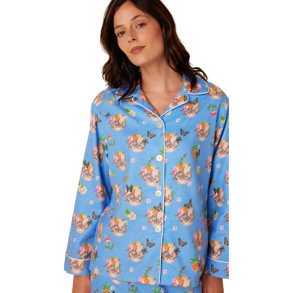 The‎ Cats Pajamas XL Flannel Pajama Top Frida-Inspired Cats Blue Peruvian Cotton